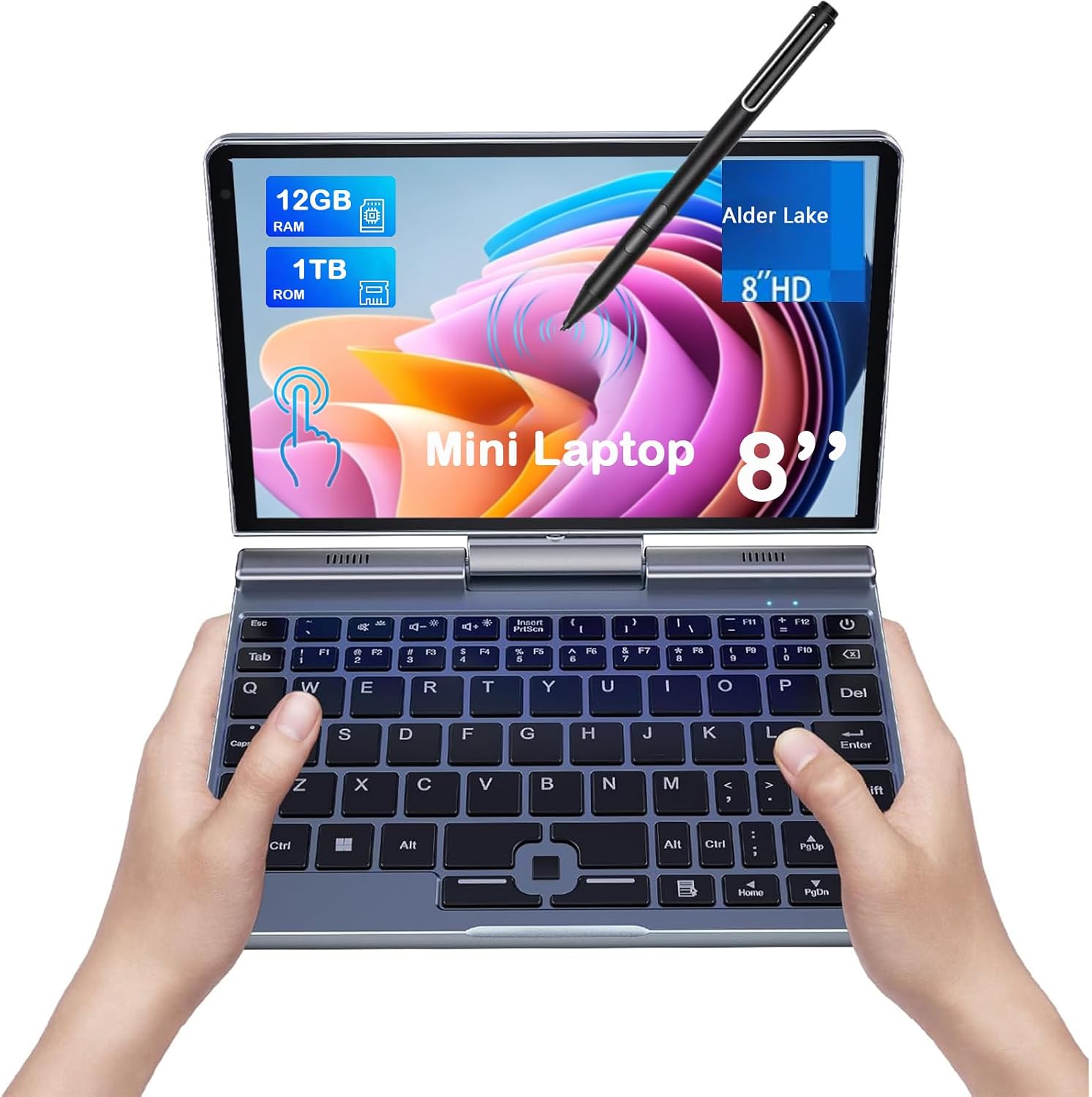 The 8-inch convertible in laptop mode with its display mid-swivel on the center hinge, stylus hovering over the touchscreen